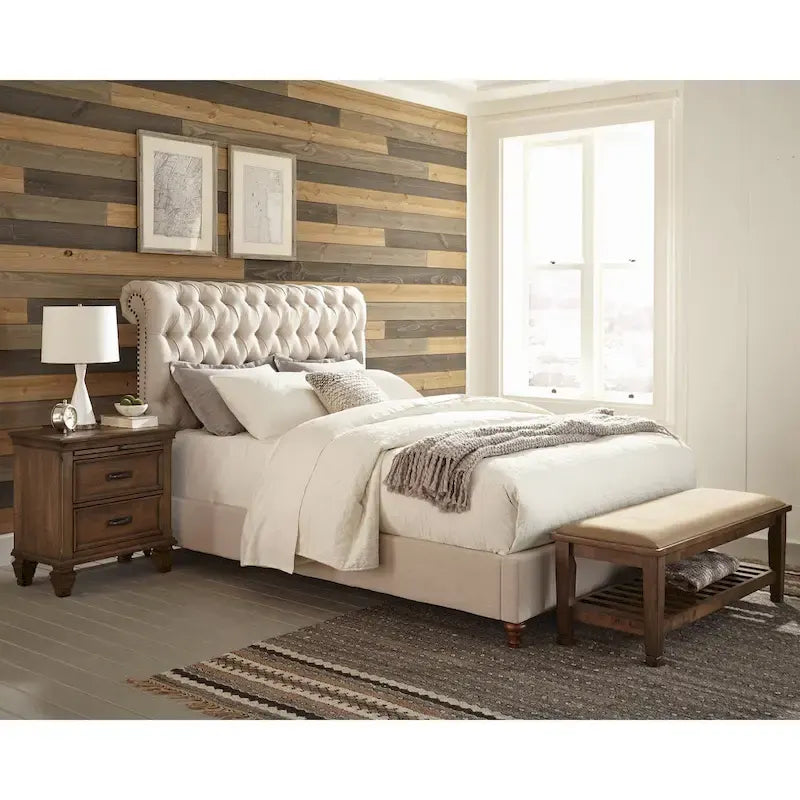 Set camera da letto 4 pezzi Clemence beige e rovere brunito con pannelli
