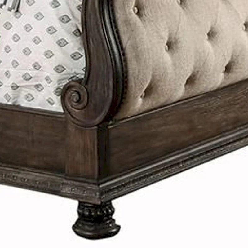 Grand lit californien avec tête et pied de lit traîneau, marron et beige