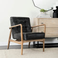 Phineas Black Genuine Leather & Brown Solid Wood Frame Accent Chair