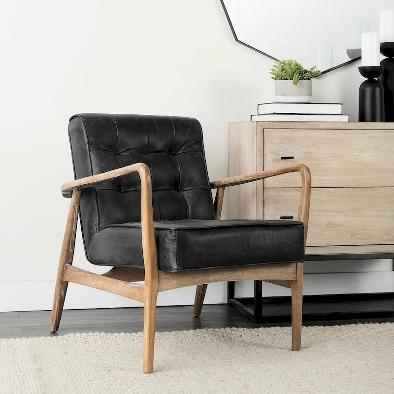 Phineas Black Genuine Leather & Brown Solid Wood Frame Accent Chair