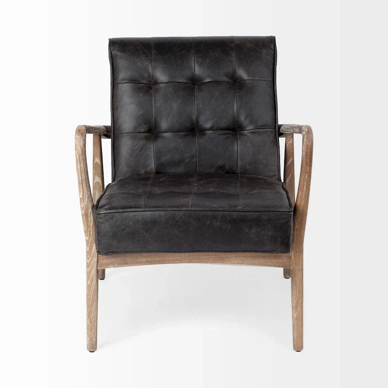 Phineas Black Genuine Leather & Brown Solid Wood Frame Accent Chair