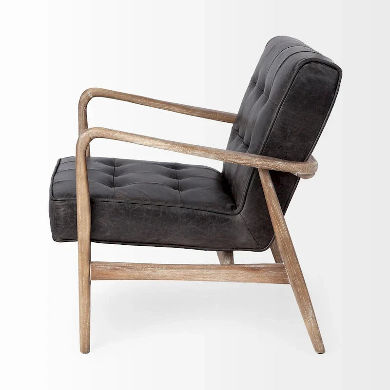 Phineas Black Genuine Leather & Brown Solid Wood Frame Accent Chair