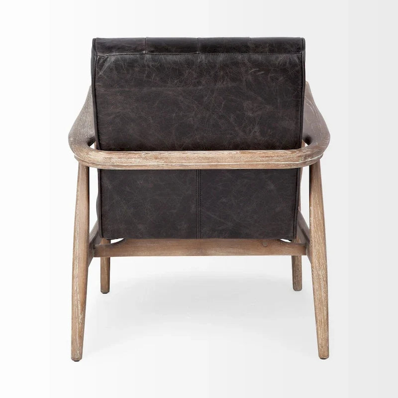 Phineas Black Genuine Leather & Brown Solid Wood Frame Accent Chair