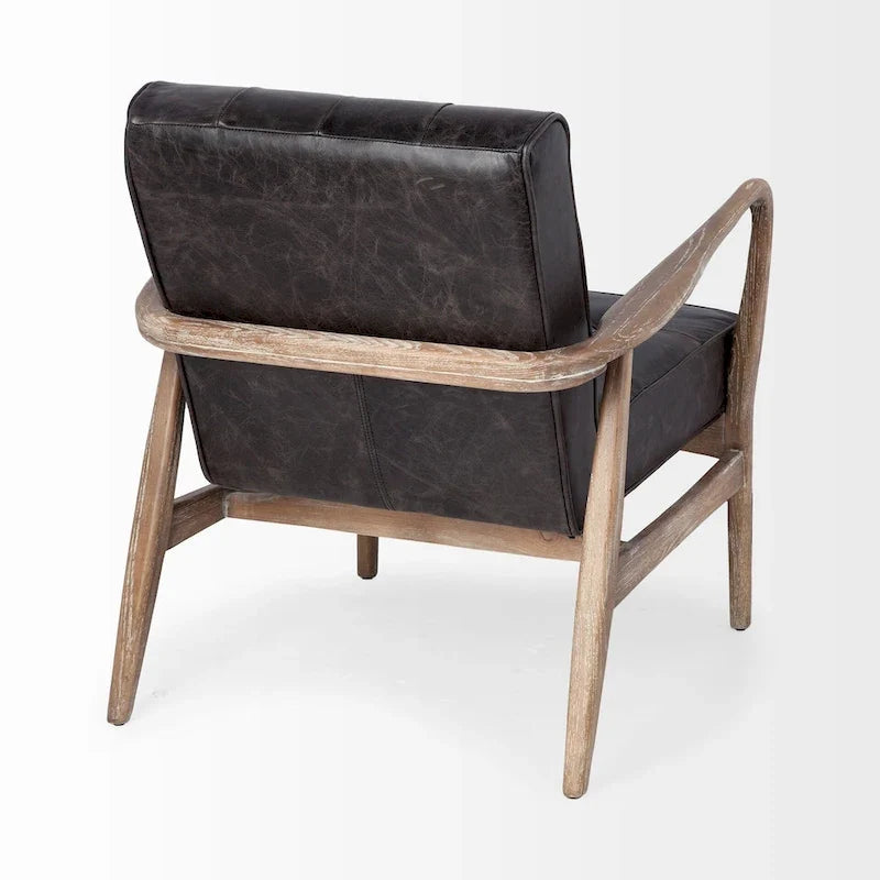 Phineas Black Genuine Leather & Brown Solid Wood Frame Accent Chair