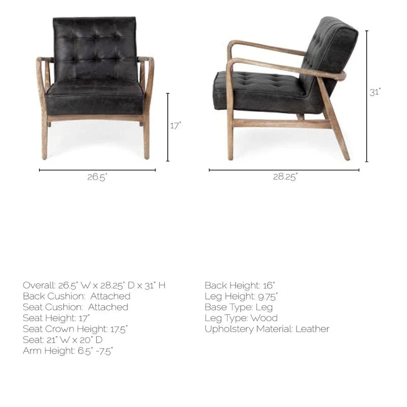 Phineas Black Genuine Leather & Brown Solid Wood Frame Accent Chair
