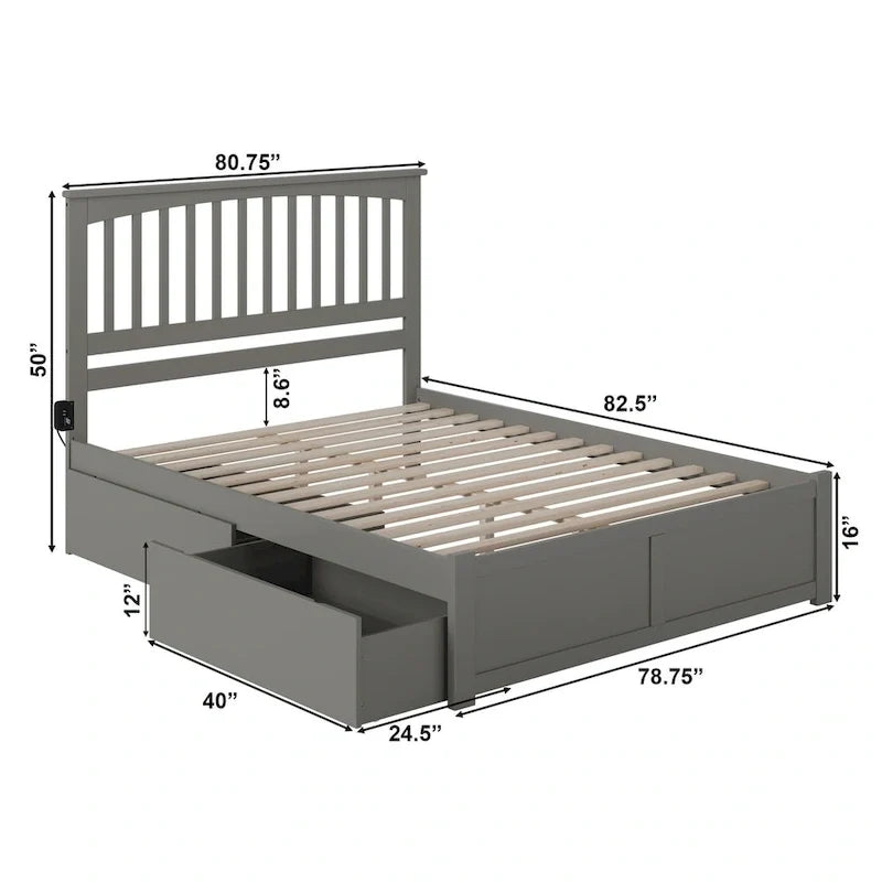 Letto a piattaforma Mission King con 2 cassetti, grigio