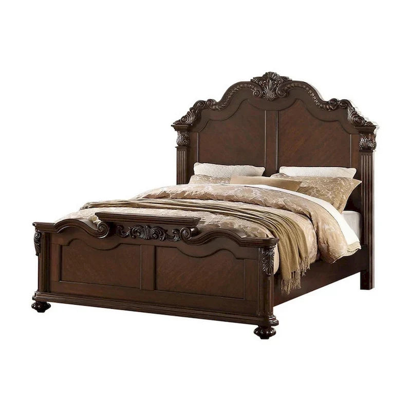 Lit queen en bois superbement sculpté, finition noyer foncé et placage
