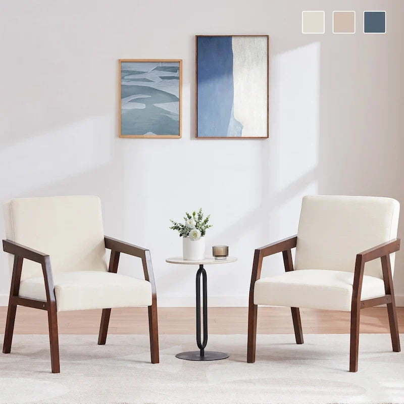 HUIMO Lot de 2 fauteuils d'appoint en bois massif marron/blanc/bleu rembourrés, de style moderne du milieu du siècle, pour salon