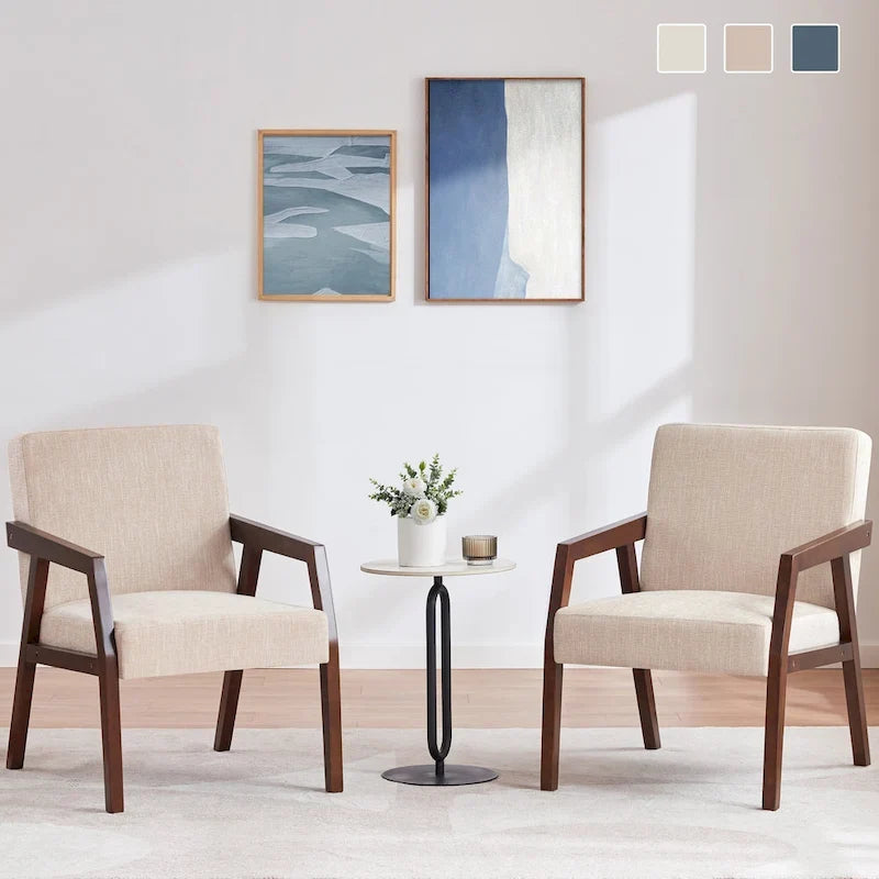 HUIMO Set of 2 Accent Armchair Solid Wooden Brownness/ White/ Blue Upholstered Mid-Century Modern Accent Chair for Living Room
