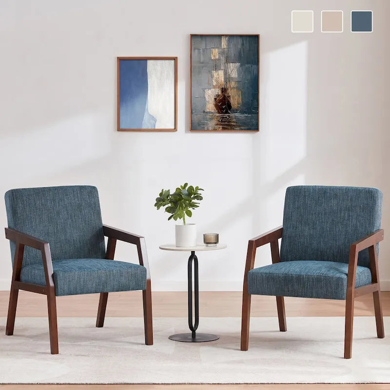 HUIMO Set of 2 Accent Armchair Solid Wooden Brownness/ White/ Blue Upholstered Mid-Century Modern Accent Chair for Living Room