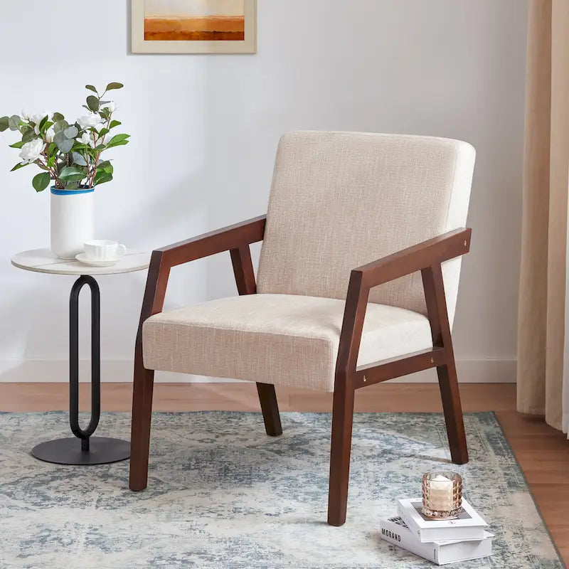 HUIMO Set of 2 Accent Armchair Solid Wooden Brownness/ White/ Blue Upholstered Mid-Century Modern Accent Chair for Living Room