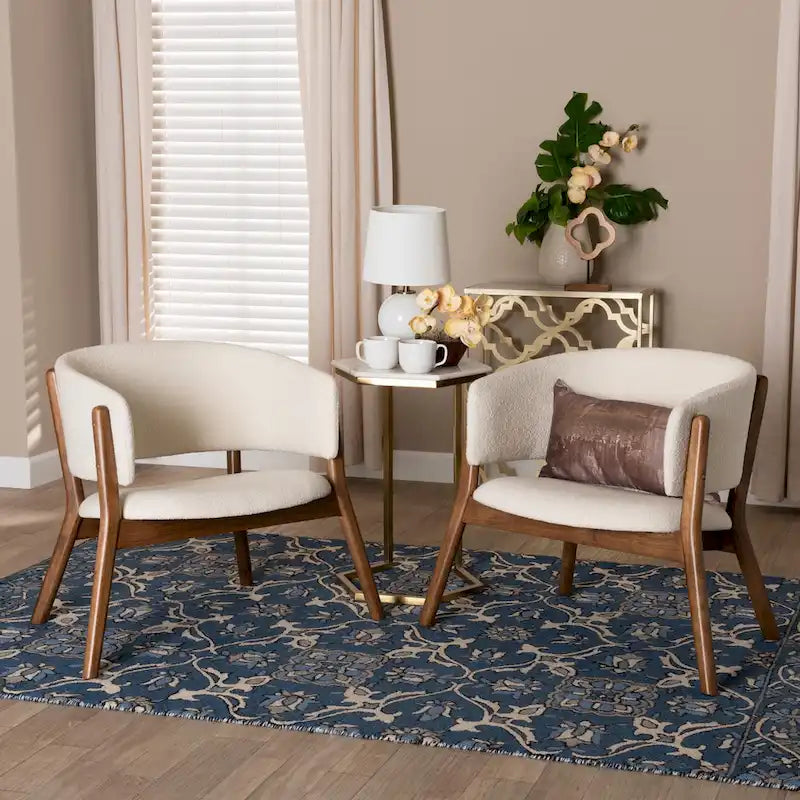 Fauteuil d'appoint Baron Mid-Century Modern en tissu bouclé crème et bois finition noyer brun, ensemble de 2 pièces pour salon