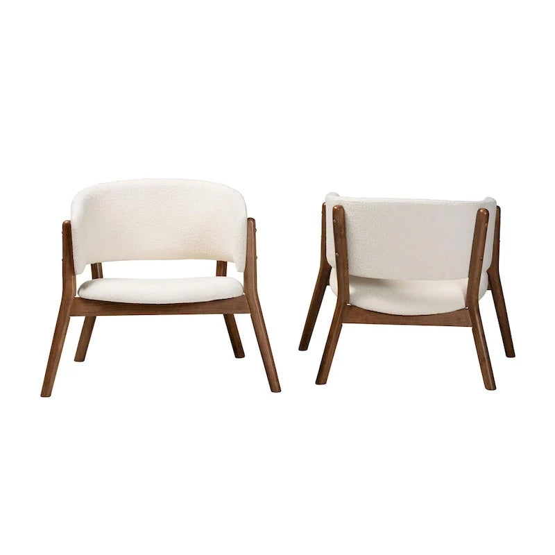 Baron Mid-Century Modern Cream Boucle Fabric Upholstered and Walnut Brown Finished Wood 2-Piece Living Room Accent Chair Set