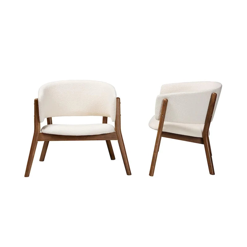 Baron Mid-Century Modern Cream Boucle Fabric Upholstered and Walnut Brown Finished Wood 2-Piece Living Room Accent Chair Set