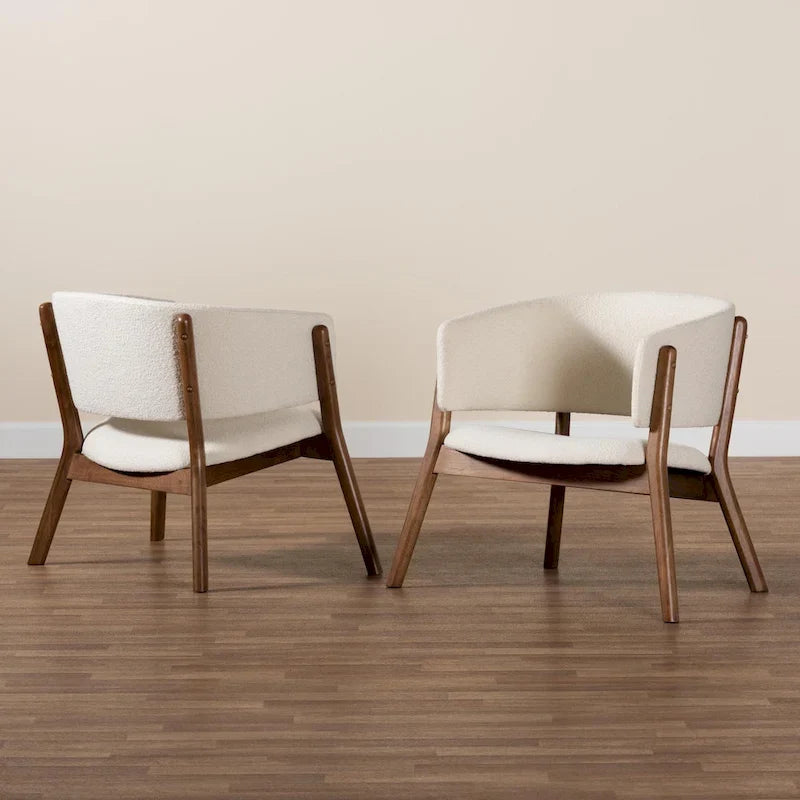 Baron Mid-Century Modern Cream Boucle Fabric Upholstered and Walnut Brown Finished Wood 2-Piece Living Room Accent Chair Set