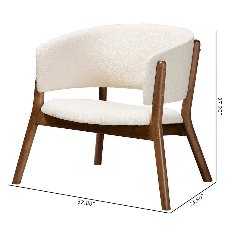 Baron Mid-Century Modern Cream Boucle Fabric Upholstered and Walnut Brown Finished Wood 2-Piece Living Room Accent Chair Set