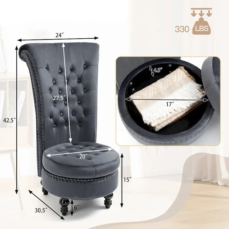 AVAWING Fauteuil Trône Dossier Haut Velours sans Accoudoirs Royal avec Rangement