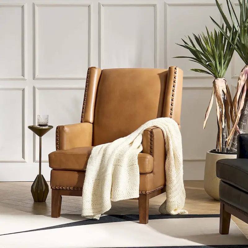 Lourdes Genuine Leather Armchair with Solid Wood Frame and Removable Seat Cushion by HULALA HOME