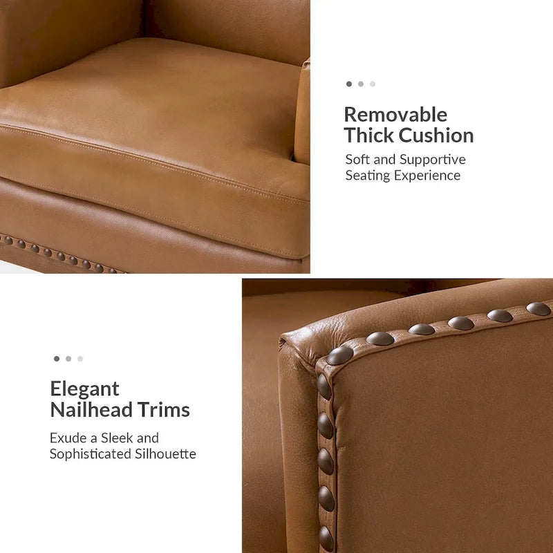 Lourdes Genuine Leather Armchair with Solid Wood Frame and Removable Seat Cushion by HULALA HOME