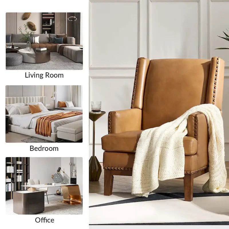 Lourdes Genuine Leather Armchair with Solid Wood Frame and Removable Seat Cushion by HULALA HOME