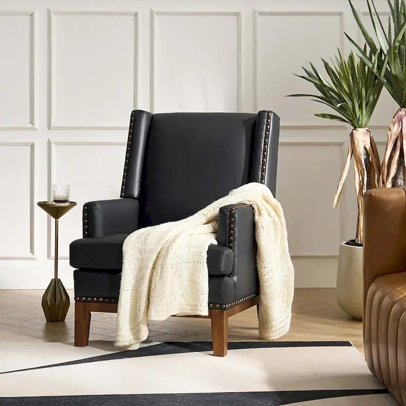 Lourdes Genuine Leather Armchair with Solid Wood Frame and Removable Seat Cushion by HULALA HOME