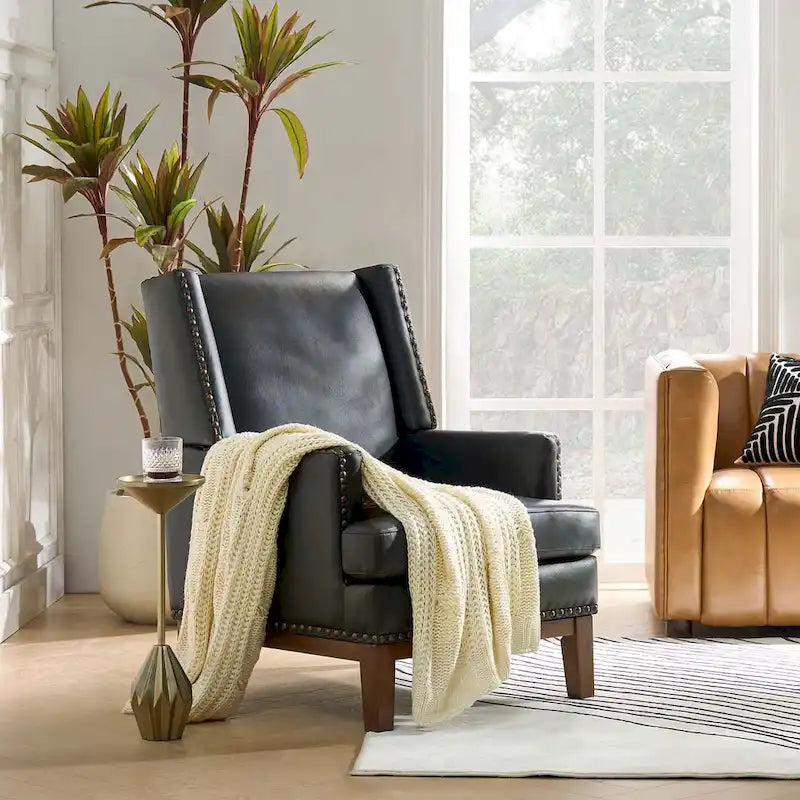 Lourdes Genuine Leather Armchair with Solid Wood Frame and Removable Seat Cushion by HULALA HOME