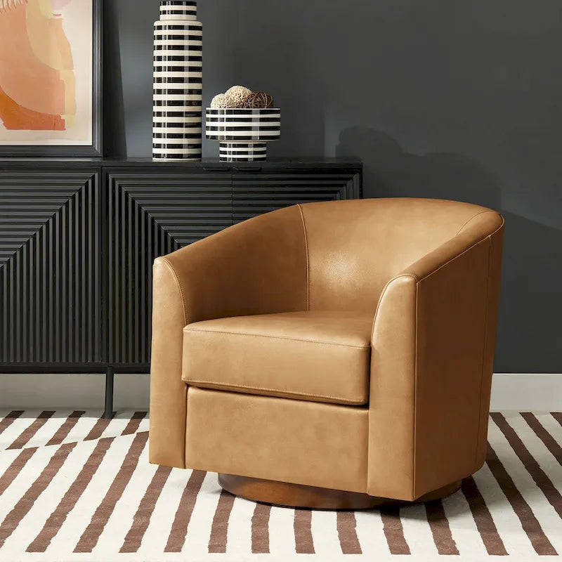 Althea Modern Genuine Leather Swivel Barrel Chair with Solid Wood Base By HULALA HOME
