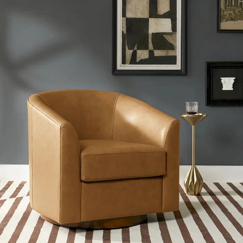 Althea Modern Genuine Leather Swivel Barrel Chair with Solid Wood Base By HULALA HOME