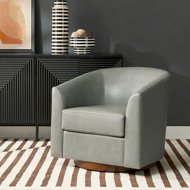 Althea Modern Genuine Leather Swivel Barrel Chair with Solid Wood Base By HULALA HOME