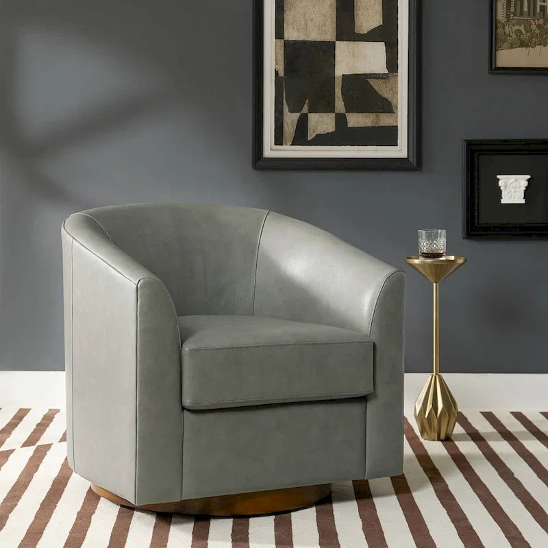 Althea Modern Genuine Leather Swivel Barrel Chair with Solid Wood Base By HULALA HOME
