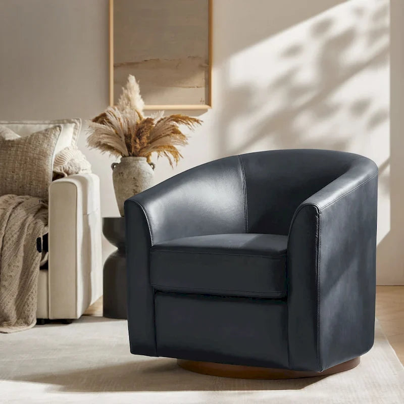 Althea Modern Genuine Leather Swivel Barrel Chair with Solid Wood Base By HULALA HOME