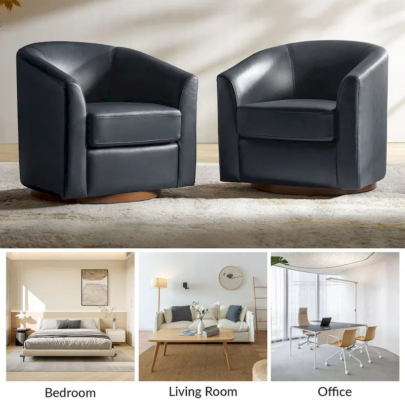 Althea Modern Genuine Leather Swivel Barrel Chair with Solid Wood Base By HULALA HOME