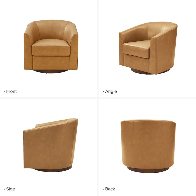 Althea Modern Genuine Leather Swivel Barrel Chair with Solid Wood Base By HULALA HOME