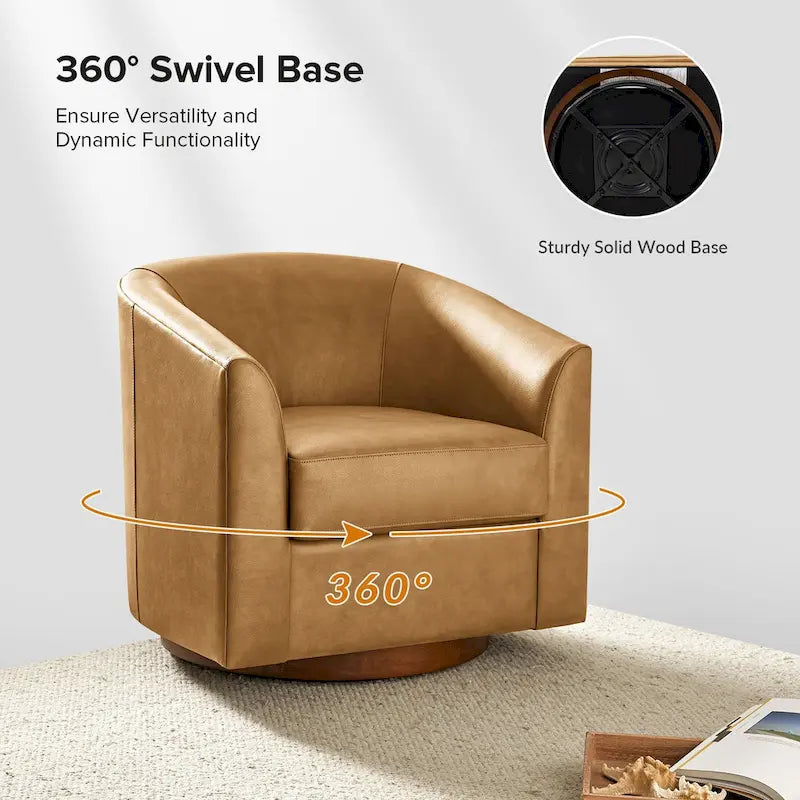 Althea Modern Genuine Leather Swivel Barrel Chair with Solid Wood Base By HULALA HOME