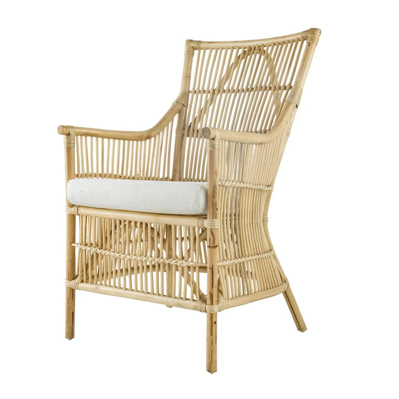 Fauteuil de salle à manger en rotin de 23 pouces, assise rembourrée en tissu blanc, marron naturel
