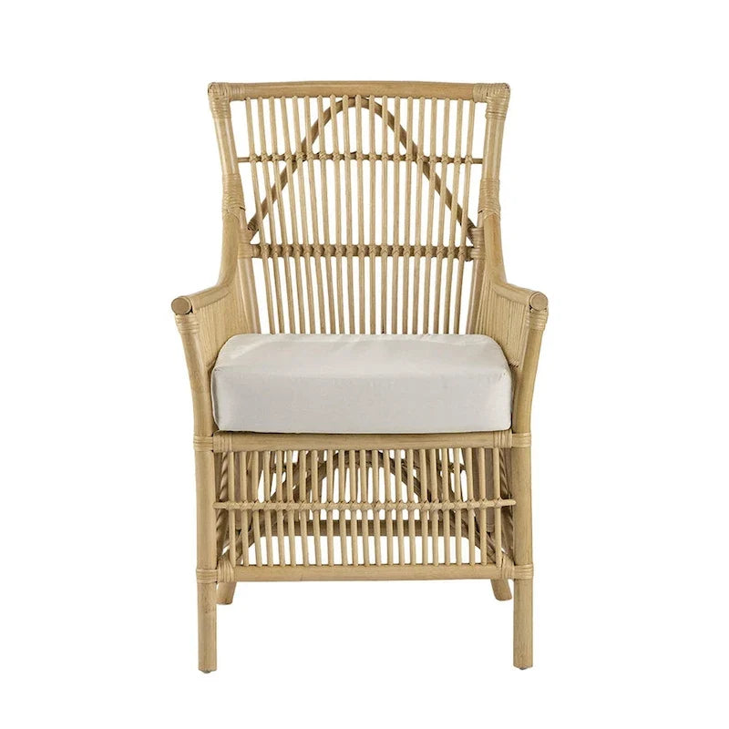 Fauteuil de salle à manger en rotin de 23 pouces, assise rembourrée en tissu blanc, marron naturel