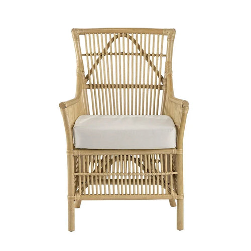 Fauteuil de salle à manger en rotin de 23 pouces, assise rembourrée en tissu blanc, marron naturel