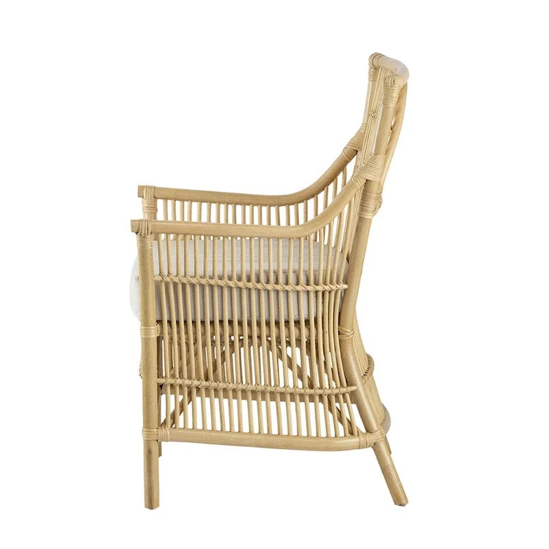 23 Inch Rattan Dining Armchair, White Fabric Padded Seat, Natural Brown