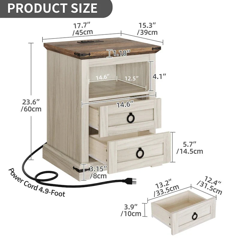 Table de chevet LED Moasis à 2 tiroirs avec station de charge, table d'appoint avec étagère de rangement ouverte