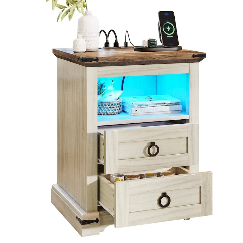 Table de chevet LED Moasis à 2 tiroirs avec station de charge, table d'appoint avec étagère de rangement ouverte