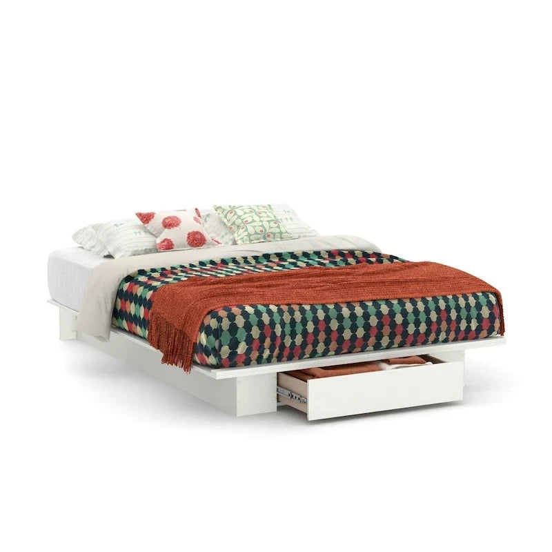 Cadre de lit plateforme moderne blanc Queen size avec tiroir de rangement inférieur