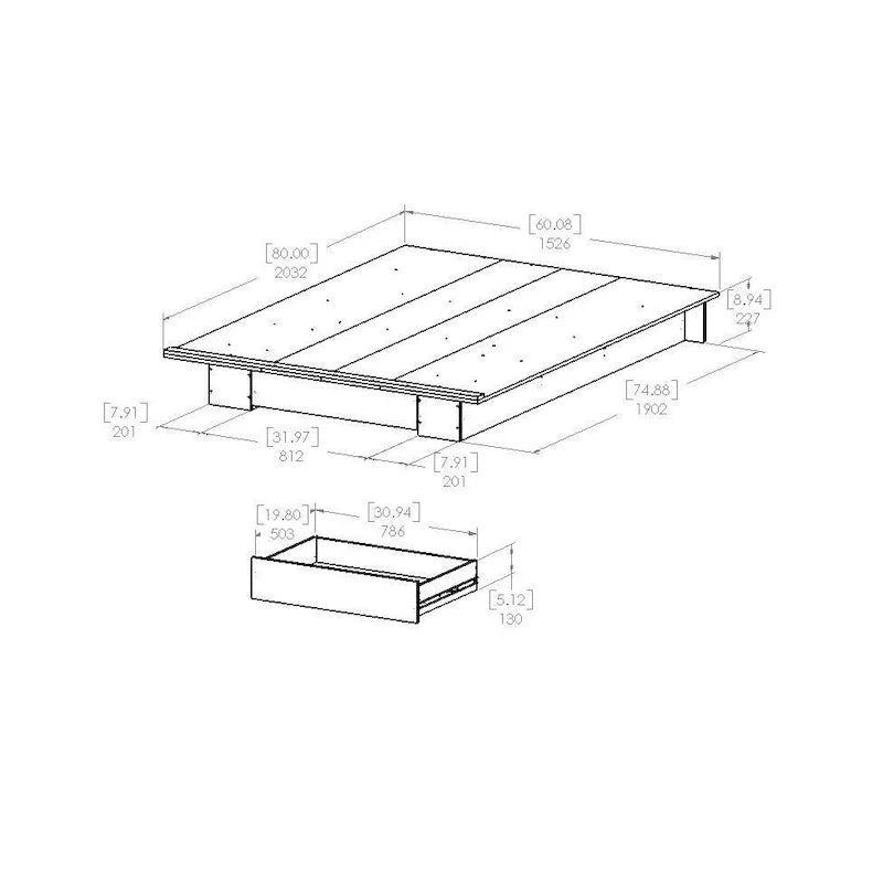 Cadre de lit plateforme moderne blanc Queen size avec tiroir de rangement inférieur