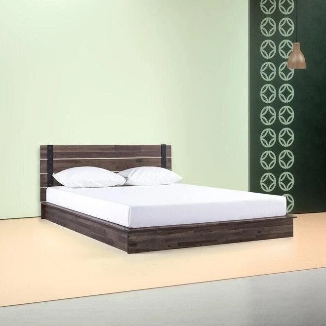 Cadre de lit plateforme bas en bois industriel de style ferme, taille complète