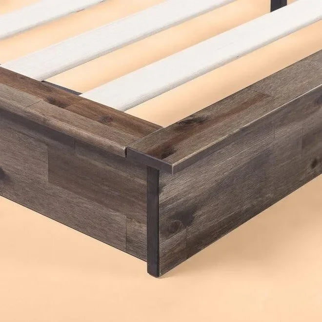 Cadre de lit plateforme bas en bois industriel de style ferme, taille complète