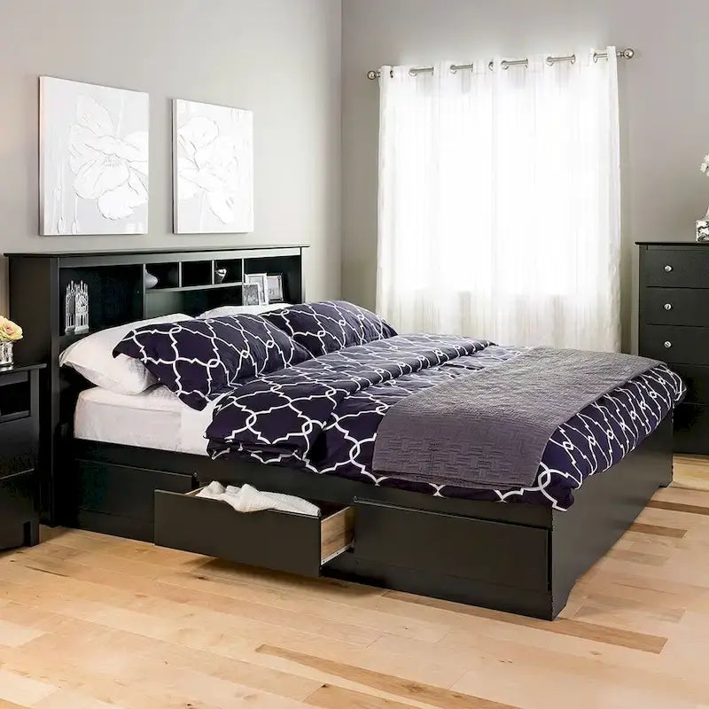 Struttura letto King Size in legno nero con cassetti contenitori