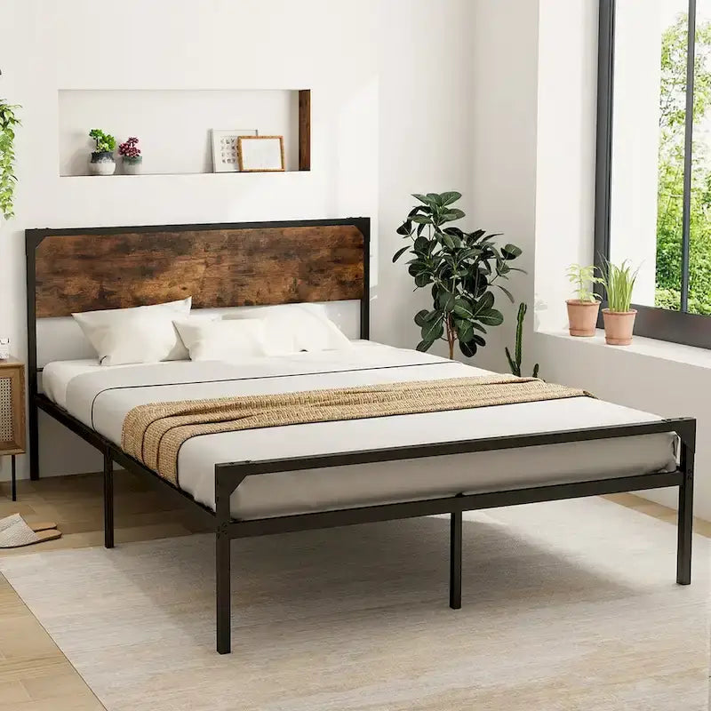 Letto a piattaforma Costway matrimoniale/queen con testiera e pediera rustiche
