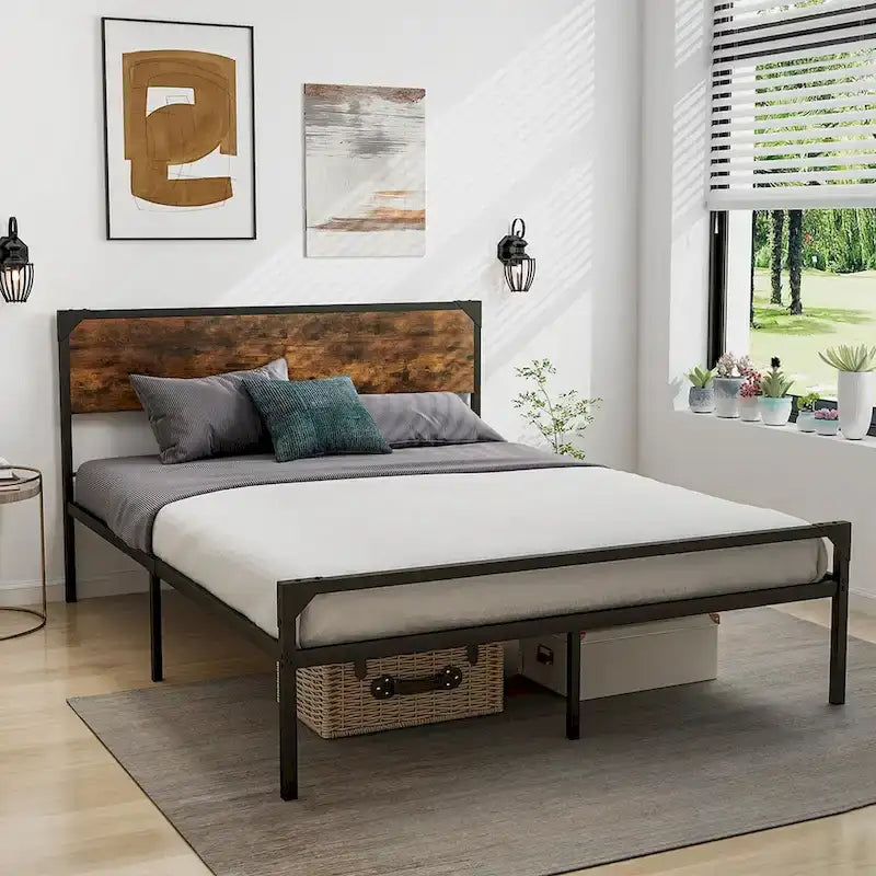 Letto a piattaforma Costway matrimoniale/queen con testiera e pediera rustiche