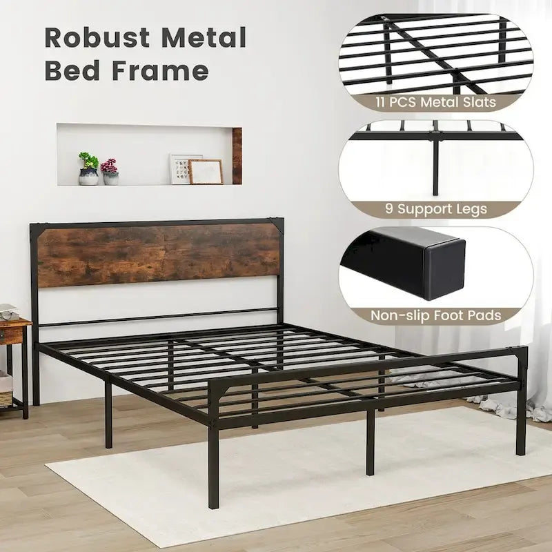 Letto a piattaforma Costway matrimoniale/queen con testiera e pediera rustiche