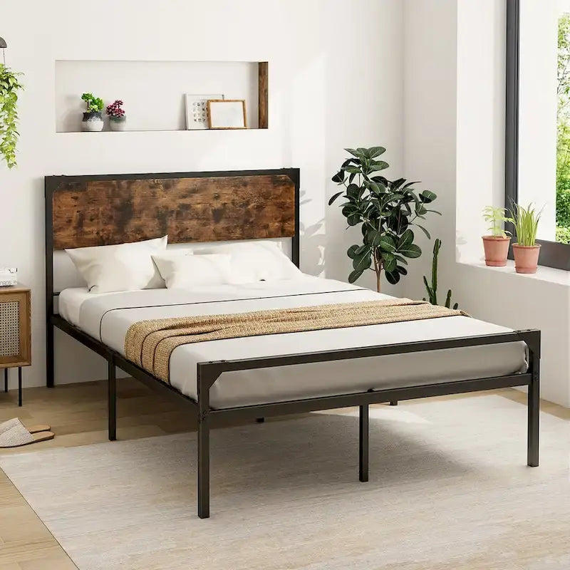 Letto a piattaforma Costway matrimoniale/queen con testiera e pediera rustiche