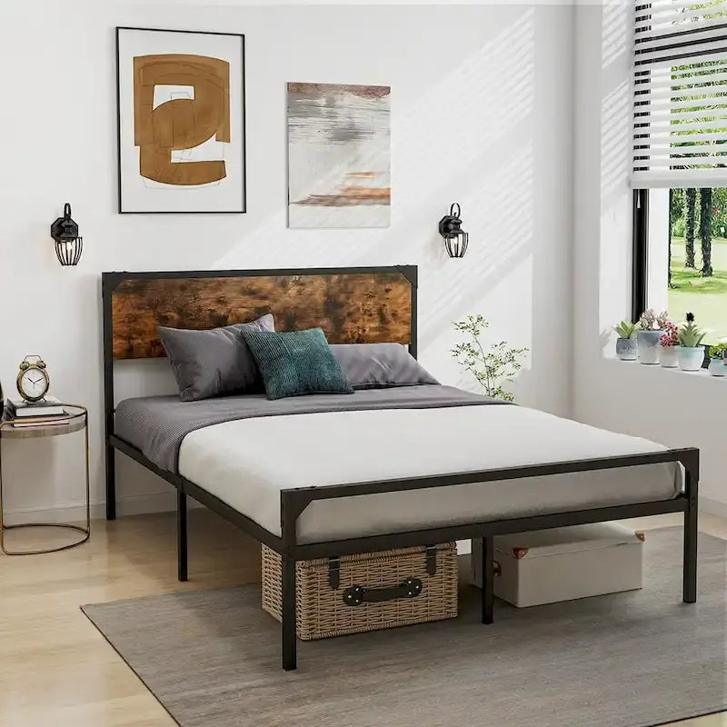 Letto a piattaforma Costway matrimoniale/queen con testiera e pediera rustiche